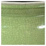 GREEN PLANTER ON STAND | Cream glazed pottery planter all cracked ice design, on a nice wooden stand