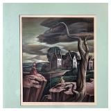 showing figures in an eerie landscape with a house in the background, signed "ZACCONE" and dated 194