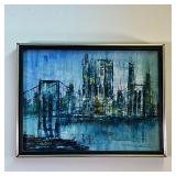 ABSTRACT CITYSCAPE PAINTING | Oil on canvas, cityscape with a bridge at twilight, in overall blue to