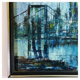 cityscape with a bridge at twilight, in overall blue tones, signed indistinctly lower left, "Hild---