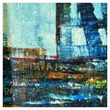 ABSTRACT CITYSCAPE PAINTING | Oil on canvas, cityscape with a bridge at twilight, in overall blue to