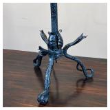 hand-wrought, with snake form tripod base and intricate viney decorations - overall h. 31 x dia. 17 