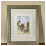 GERMAN TOWNSCAPE PAINTING | Watercolor with gilt paint showing a Tudor townscape, titled and signed,