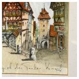 Watercolor with gilt paint showing a Tudor townscape, titled and signed, dated 2003 - overall: h. 16
