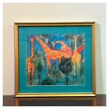 FRAMED GIRAFFE PRINT | Cute group of giraffes in green setting, signed lower right - h. 14 x 15-1/2 