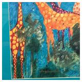 FRAMED GIRAFFE PRINT | Cute group of giraffes in green setting, signed lower right - h. 14 x 15-1/2 
