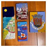 (4pc) PAINTED TILE SET | Decorative painted tiles with hanging wire - h. 12-1/4 in. tallest