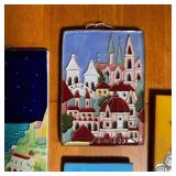 (4pc) PAINTED TILE SET | Decorative painted tiles with hanging wire - h. 12-1/4 in. tallest