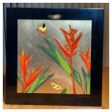 silvered plaque with butterflies (signed) and a reverse painted glass dish from New Zealand with tot