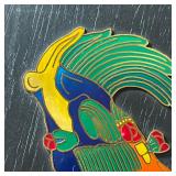 ENAMELED MAYAN HEAD | Colorful enameled Mayan figure mounted on a black painted board, with label on