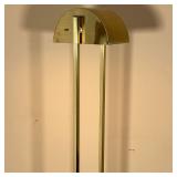 eco style, semi circle shade on two square column supports attached to a brushed brass rectangular b