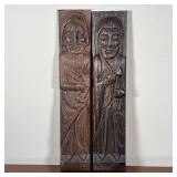 PAIR CARVED WOOD SAINTS | Carved wood wall hanging plaques of saintly figures including St. Francis 