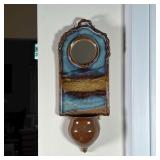 POTTERY WALL POCKET | Wall pocket with small round mirror, blue and brown glazed pottery, apparently