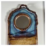 Wall pocket with small round mirror, blue and brown glazed pottery, apparently unsigned - h. 15-1/2 