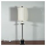 BRUSHED CHROME & LEATHER LAMP | Table lamp with a brushed chrome column on a square base, with black