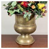 HAMMERED BRASS URN | With faux fruit arrangement; overall h. 28 in. - h. 12 in. (urn)