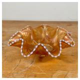 IRIDESCENT GLASS BOWL  | Carnival glass aquatic / shell shaped bowl with gilt accents and overall ir