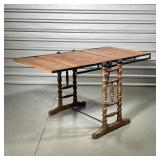 converting shelf / table, with five oak open shelves on a metal frame that rotates flat into a table