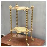 ANTIQUE STYLE LOW ETAGERE  | Heavy brass-toned metal with alabaster accents and heavy stone shelf in