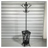 WROUGHT IRON COAT RACK  | Having four hooks, a ball finial, and a lower section umbrella stand - h. 