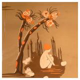  art nouveau scenes of a bathing figure beneath a tree on a taupe background, signed indistinctly on