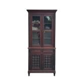 the sides with reeded parquetry paneling; the lower section has two drawers over two cabinet doors, 