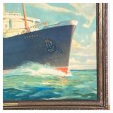 lithograph in colors on textured paper of German ocean liner "Bremen" in NY harbor, framed under gla