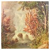 classical landscape with a figure fishing in the foreground, in a painted folk art frame; no visible