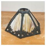 SLAG GLASS LAMPSHADE  | Having six slag glass panels in a decorative metal frame with scrollwork - h