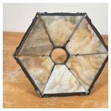 SLAG GLASS LAMPSHADE  | Having six slag glass panels in a decorative metal frame with scrollwork - h