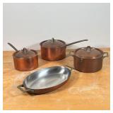 (4pc) PAUL REVERE COPPER PLATES  |  Including three pots with lids, and one oval-shaped pan or servi