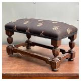 JACOBEAN FOOT STOOL  | With floral patterned black upholstery - h. 10 x 18 x 10-1/2 in.