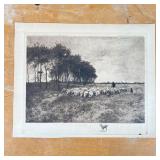 C. Klackner engraving showing grazing sheep, with goat mark, c. 1915; two landscape engravings, one 