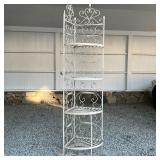 CORNER BAKERS RACK  | White painted iron scrollwork, having four open shelves - h. 83 x 18 x 18 in.