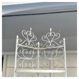 CORNER BAKERS RACK  | White painted iron scrollwork, having four open shelves - h. 83 x 18 x 18 in.