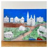 BEDFORD, NY VILLAGE SCENE  | Unframed oil on canvas townscape painting showing Bedford Village, NY, 