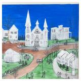 Bedford Village, NY, with white-washed buildings and outlined figures; unsigned, attributed to Vince