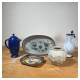 (5pc) POTTERY  | Including a Mexican vase signed "GTO," a Danish style oval dish with birds, a conte