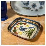 Danish style oval dish with birds, a contemporary pitcher with pewter lid, an antique dish, and a Fi