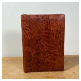 Tooled brown leather pocket organizer, gilt stamp mark on inside cover, in original box, with page i