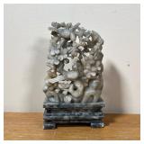 CHINESE SOAPSTONE CARVING  | Showing birds among flowering branches, on a plinth - h. 7 in.