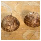 smooth turned wood bowls (dia. 3-1/4 in.), a cigar box, a small woven basket, and an open wood box