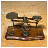 (2pc) BRASS POSTAL SCALES  | Brass postage scales with assortments of weights - l. 10-1/2 x w. 5-1/4