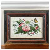 ANTIQUE WATERCOLOR STILL LIFE  | Showing flowers and insects painted on white paper in a beveled mir