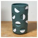 CONTEMPORARY CERAMIC VASE  | Handmade pottery vase with green and white semi-circle design, signed w