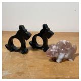 (3pc) MISC. DECORATIVE ITEMS  | Including a rose quartz animal and two dog-form napkin holders - h. 