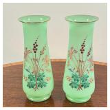 PAIR PAINTED GREEN GLASS VASES  | With gilt rims - h. 9 in.