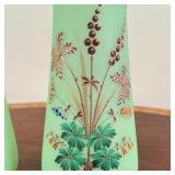 PAIR PAINTED GREEN GLASS VASES  | With gilt rims - h. 9 in.