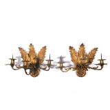 Incredible antique gilt bronze sconces with acanthus leaves, each having three arms with pricket can