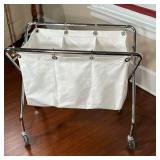 WHITE LAUNDRY HAMPER  | Linen basket with 3 sections for easy sorting on a chrome stand with wheels,